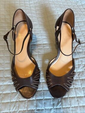 ANN TAYLOR LOFT Dark Brown Leather Peep-Toe Ankle-Strap Heels